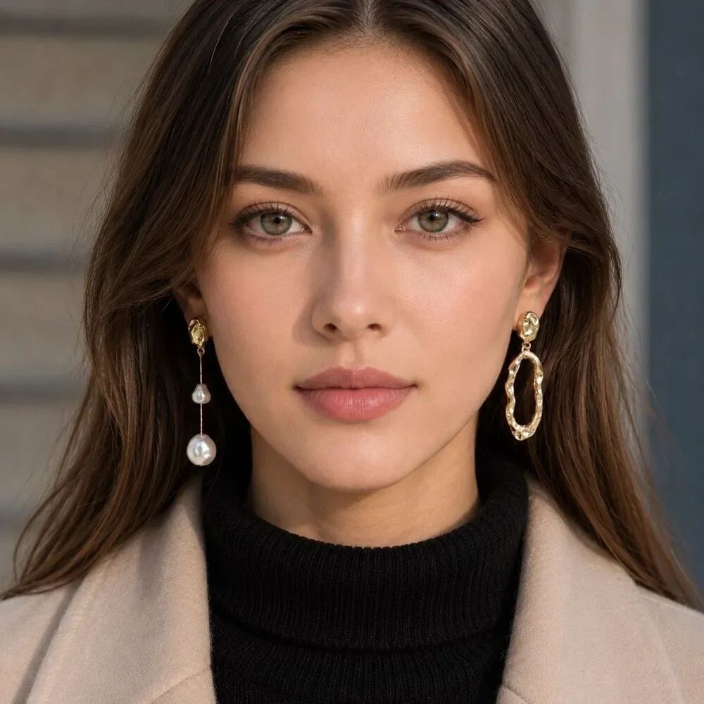 Zara Statement Gold Asymmetrical Pearl Drop Earrings Abstract Dangle European